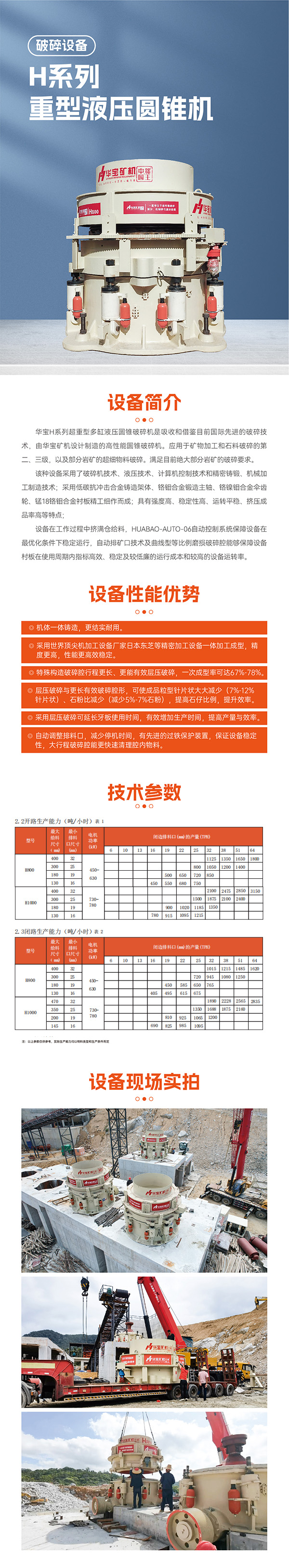 華寶礦機H系列超重型多缸液壓圓錐破碎機是吸收和借鑒目前國際先進的破碎技術,由 華寶礦機設計制造的高性能圓錐破碎機。應用于礦物加工和石料破碎的第二、三級, 以及部分巖礦的超細物料破碎。滿足目前絕大部分巖礦的破碎要求。最大標準型號H1000,最大處理量3150噸/小時,標配電機730-780kw,石料適應性強 花崗巖、鵝卵石、輝綠巖、砂巖、金屬礦等高硬度原料。粒型優異率80%以上,石粉可減少15%以上!